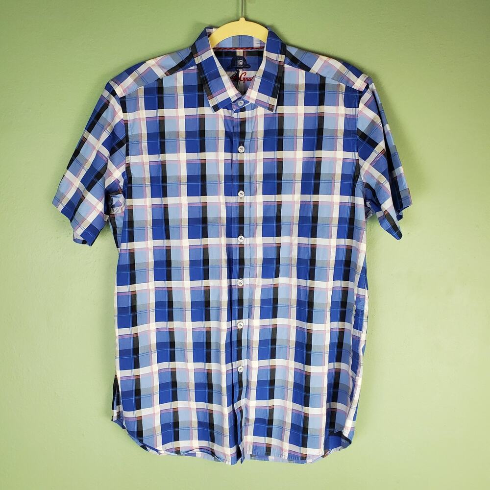 Robert Graham Blue Classic Fit Plaid Button Front Short Sleeve Shirt Size Medium